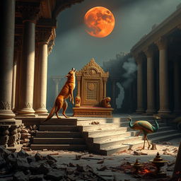 A solitary golden jackal standing atop crumbling marble steps, howling at a blood-red moon, in the ruins of a majestic Dravidian throne hall