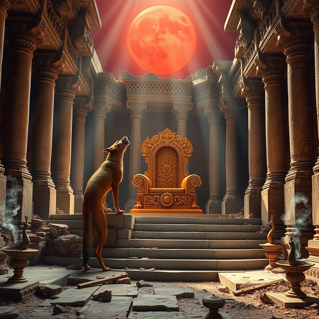 A solitary golden jackal standing atop crumbling marble steps, howling at a blood-red moon, in the ruins of a majestic Dravidian throne hall