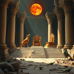 A solitary golden jackal standing atop crumbling marble steps, howling at a blood-red moon, in the ruins of a majestic Dravidian throne hall