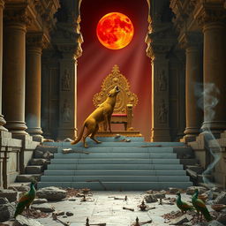 A solitary golden jackal standing atop crumbling marble steps, howling at a blood-red moon, in the ruins of a majestic Dravidian throne hall