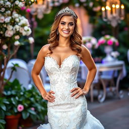 A sassy bride in a stunning wedding dress with intricate lace details, confidently posing with hands on her hips, a playful smile on her face