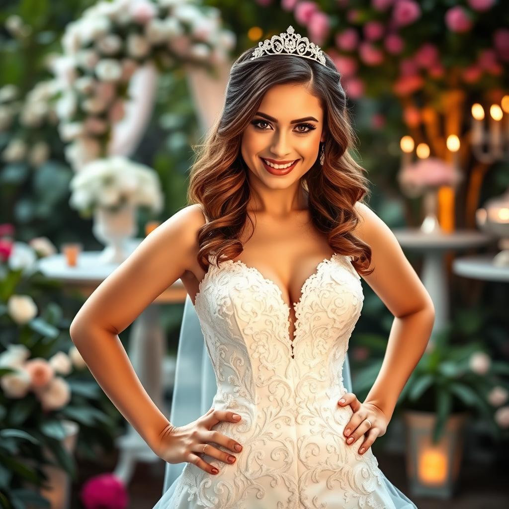 A sassy bride in a stunning wedding dress with intricate lace details, confidently posing with hands on her hips, a playful smile on her face