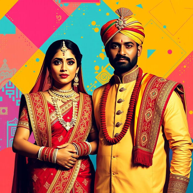 A vibrant pop art depiction of a Rajput couple, showcasing traditional attire