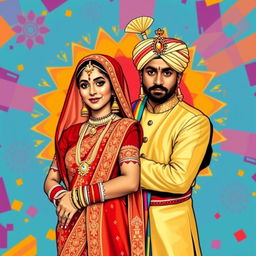 A vibrant pop art depiction of a Rajput couple, showcasing traditional attire