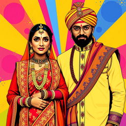 A vibrant pop art depiction of a Rajput couple, showcasing traditional attire