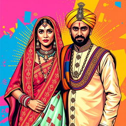 A vibrant pop art depiction of a Rajput couple, showcasing traditional attire