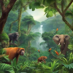 A high-quality, vibrant image showcasing the dense foliage, towering trees, and diverse wildlife of a lush jungle.