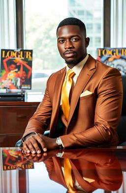 A handsome black man dressed in an elegant brown and gold suit, featuring a shiny gold straight tie, is sitting confidently at a luxurious executive desk