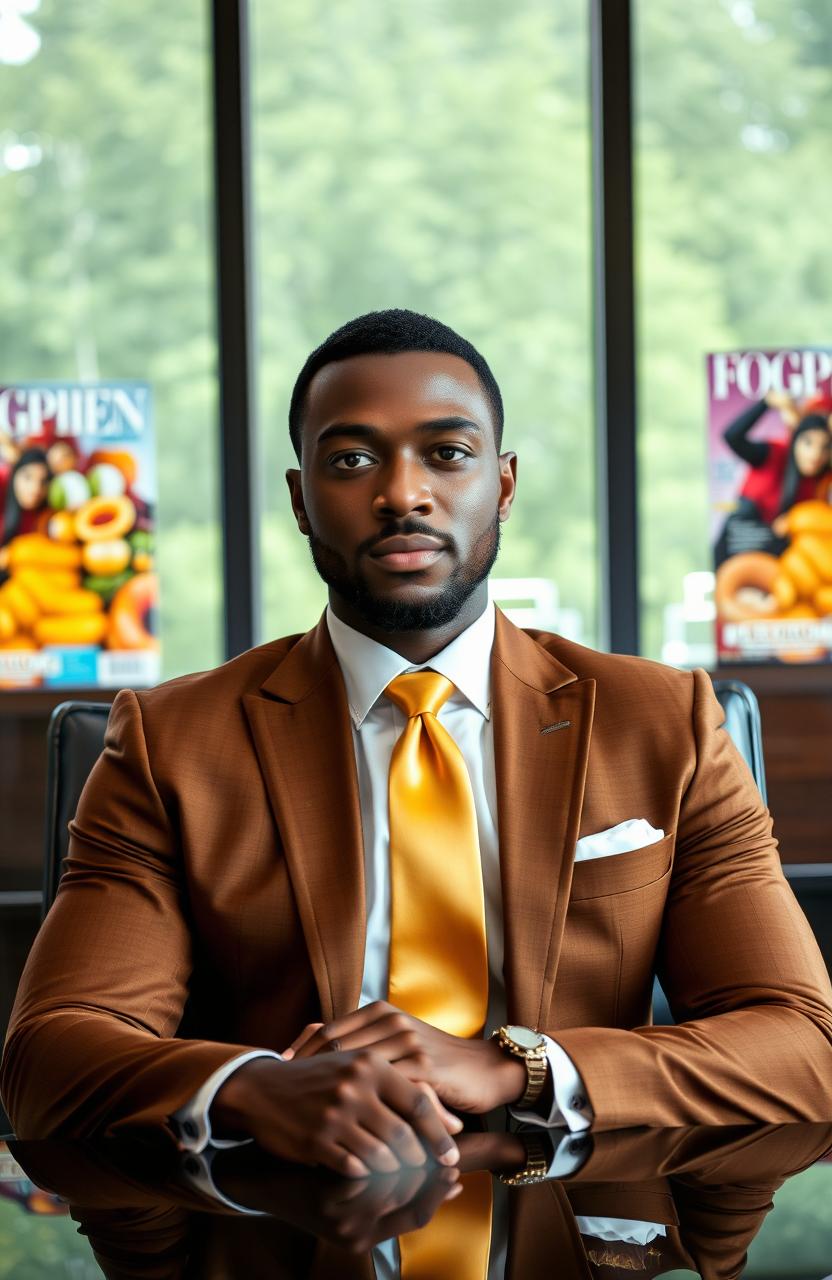 A handsome black man dressed in an elegant brown and gold suit, featuring a shiny gold straight tie, is sitting confidently at a luxurious executive desk