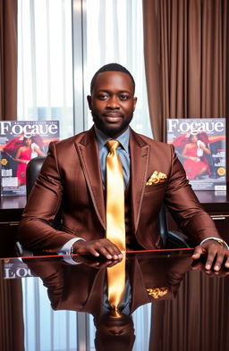 A handsome black man dressed in an elegant brown and gold suit, featuring a shiny gold straight tie, is sitting confidently at a luxurious executive desk