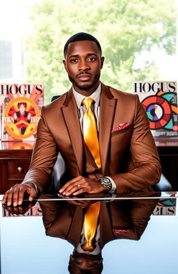 A handsome black man dressed in an elegant brown and gold suit, featuring a shiny gold straight tie, is sitting confidently at a luxurious executive desk