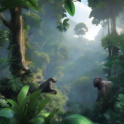 A high-quality, cinematic image showcasing the dense foliage, towering trees, and diverse wildlife of a lush, realistic jungle