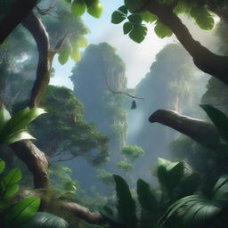 A high-quality, cinematic image showcasing the dense foliage, towering trees, and diverse wildlife of a lush, realistic jungle