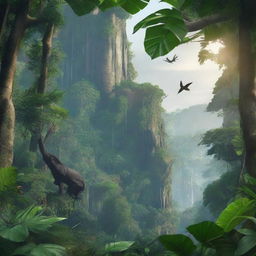 A high-quality, cinematic image showcasing the dense foliage, towering trees, and diverse wildlife of a lush, realistic jungle