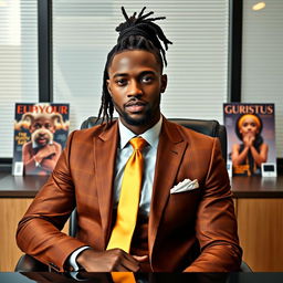 A handsome black man with dreadlocks elegantly pulled back into a neat ponytail, dressed in a stylish brown and gold suit with a matching gold straight tie