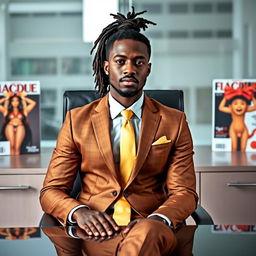 A handsome black man with dreadlocks elegantly pulled back into a neat ponytail, dressed in a stylish brown and gold suit with a matching gold straight tie