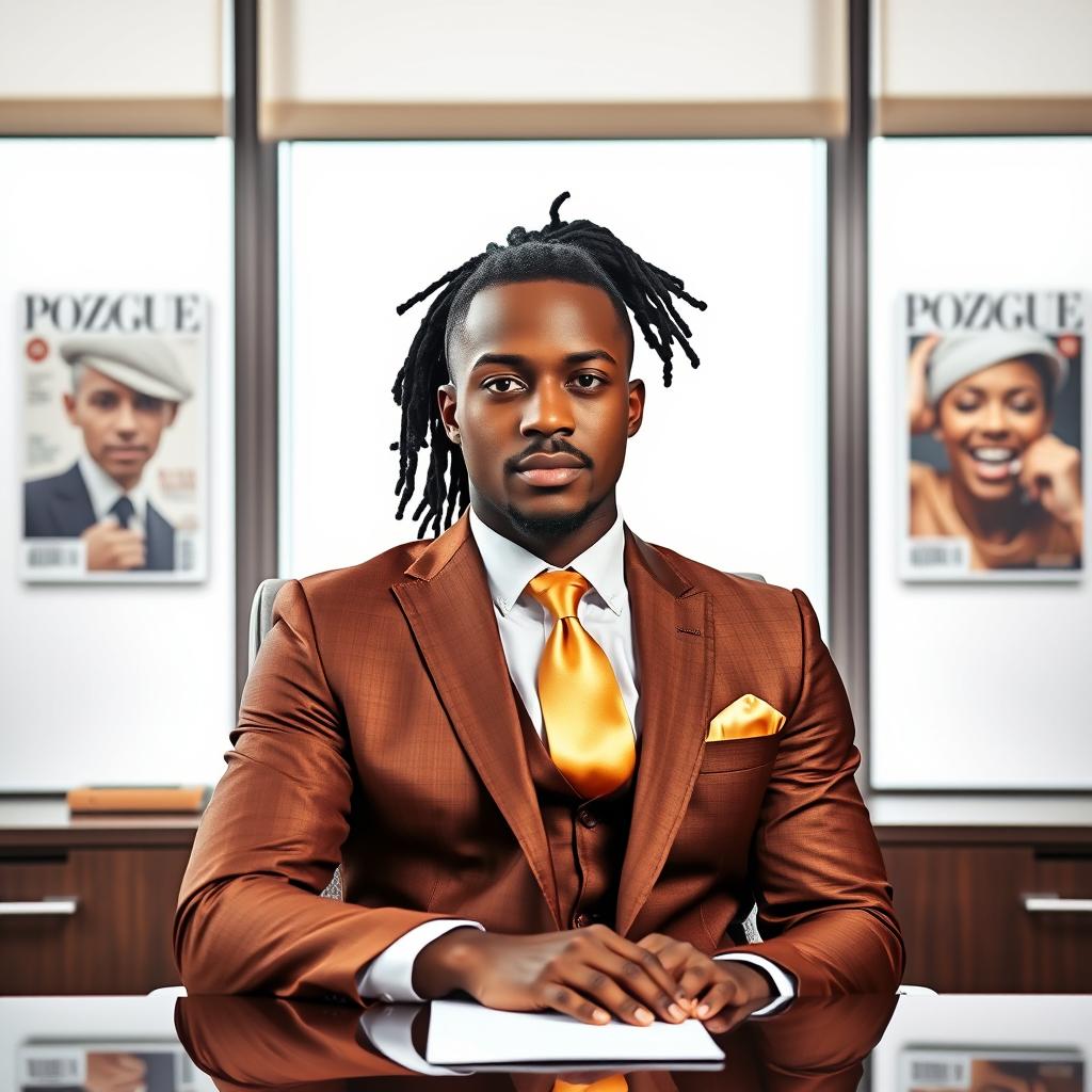 A handsome black man with dreadlocks elegantly pulled back into a neat ponytail, dressed in a stylish brown and gold suit with a matching gold straight tie