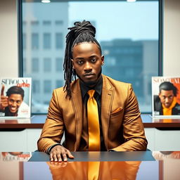 A handsome black man with dreadlocks elegantly pulled back into a neat ponytail, dressed in a stylish brown and gold suit with a matching gold straight tie