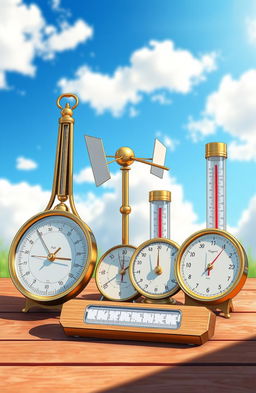A detailed illustration of various meteorological instruments used for weather measurement, including a barometer, an anemometer, a hygrograph, a rain gauge, and a thermometer