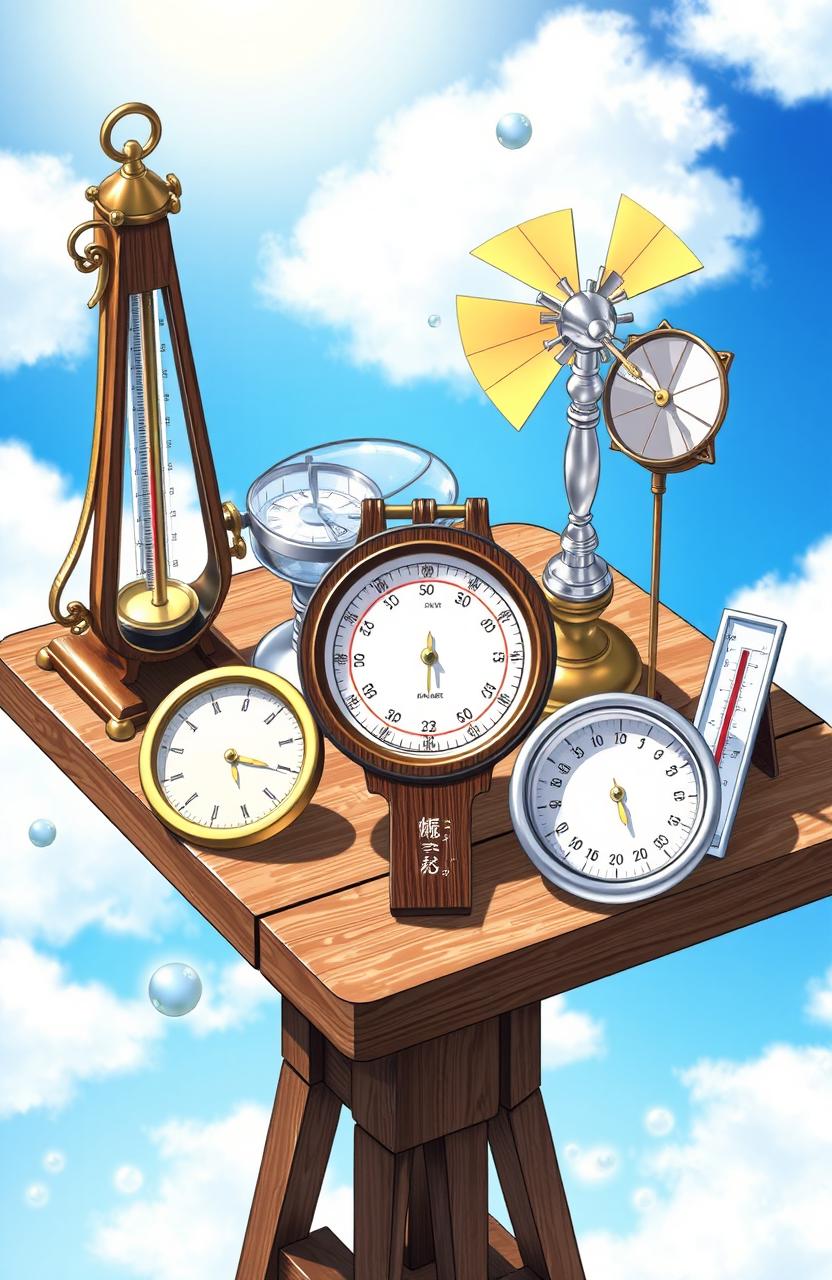 A detailed illustration of various meteorological instruments used for weather measurement, including a barometer, an anemometer, a hygrograph, a rain gauge, and a thermometer
