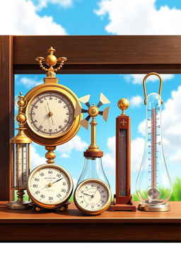 A detailed illustration of various meteorological instruments used for weather measurement, including a barometer, an anemometer, a hygrograph, a rain gauge, and a thermometer