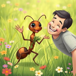 A charming and whimsical illustration of a leafcutter ant standing upright and cheerfully waving at a human