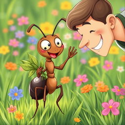 A charming and whimsical illustration of a leafcutter ant standing upright and cheerfully waving at a human