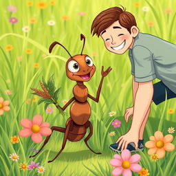 A charming and whimsical illustration of a leafcutter ant standing upright and cheerfully waving at a human