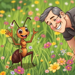 A charming and whimsical illustration of a leafcutter ant standing upright and cheerfully waving at a human