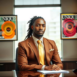A handsome black man with well-groomed dreadlocks pulled back into a neat ponytail at the nape of his neck, dressed in a stylish brown and gold suit, complemented by a gold straight tie