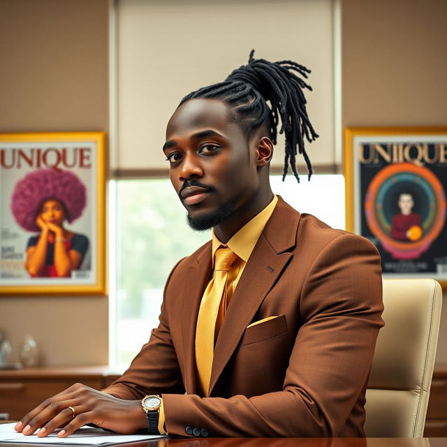 A handsome black man with well-groomed dreadlocks pulled back into a neat ponytail at the nape of his neck, dressed in a stylish brown and gold suit, complemented by a gold straight tie