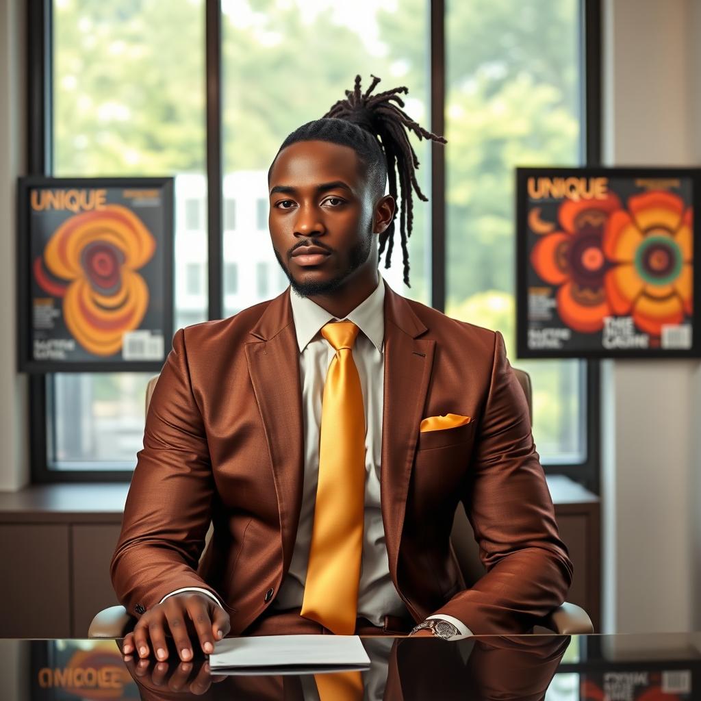 A handsome black man with well-groomed dreadlocks pulled back into a neat ponytail at the nape of his neck, dressed in a stylish brown and gold suit, complemented by a gold straight tie