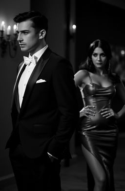 A stylish scene featuring a man in a classic tuxedo, his face hidden in shadow or turned away, exuding an air of mystery and sophistication