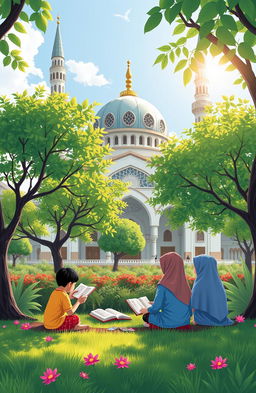 A beautiful illustration of a serene setting at the TPA (Taman Pendidikan Al-Qur'an Al-Hadist) mosque, surrounded by lush greenery and vibrant nature