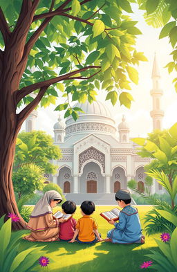 A beautiful illustration of a serene setting at the TPA (Taman Pendidikan Al-Qur'an Al-Hadist) mosque, surrounded by lush greenery and vibrant nature