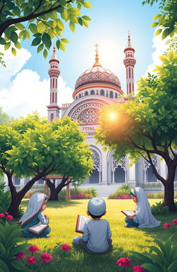 A beautiful illustration of a serene setting at the TPA (Taman Pendidikan Al-Qur'an Al-Hadist) mosque, surrounded by lush greenery and vibrant nature