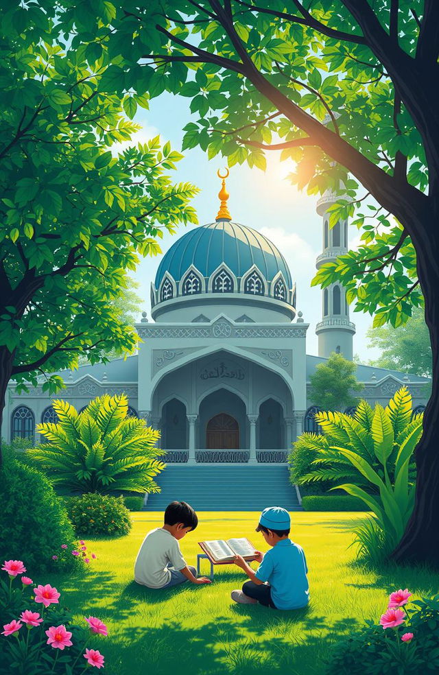 A beautiful illustration of a serene setting at the TPA (Taman Pendidikan Al-Qur'an Al-Hadist) mosque, surrounded by lush greenery and vibrant nature