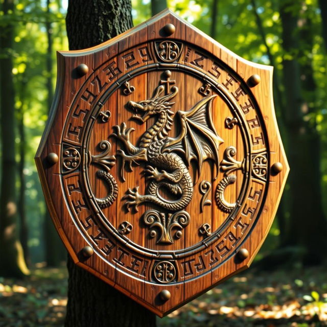 An epic wooden shield, intricately designed, adorned with ancient runes and symbols, featuring a blend of natural wood textures and vibrant colors