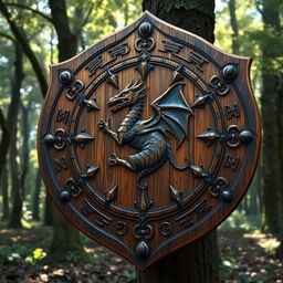 An epic wooden shield, intricately designed, adorned with ancient runes and symbols, featuring a blend of natural wood textures and vibrant colors