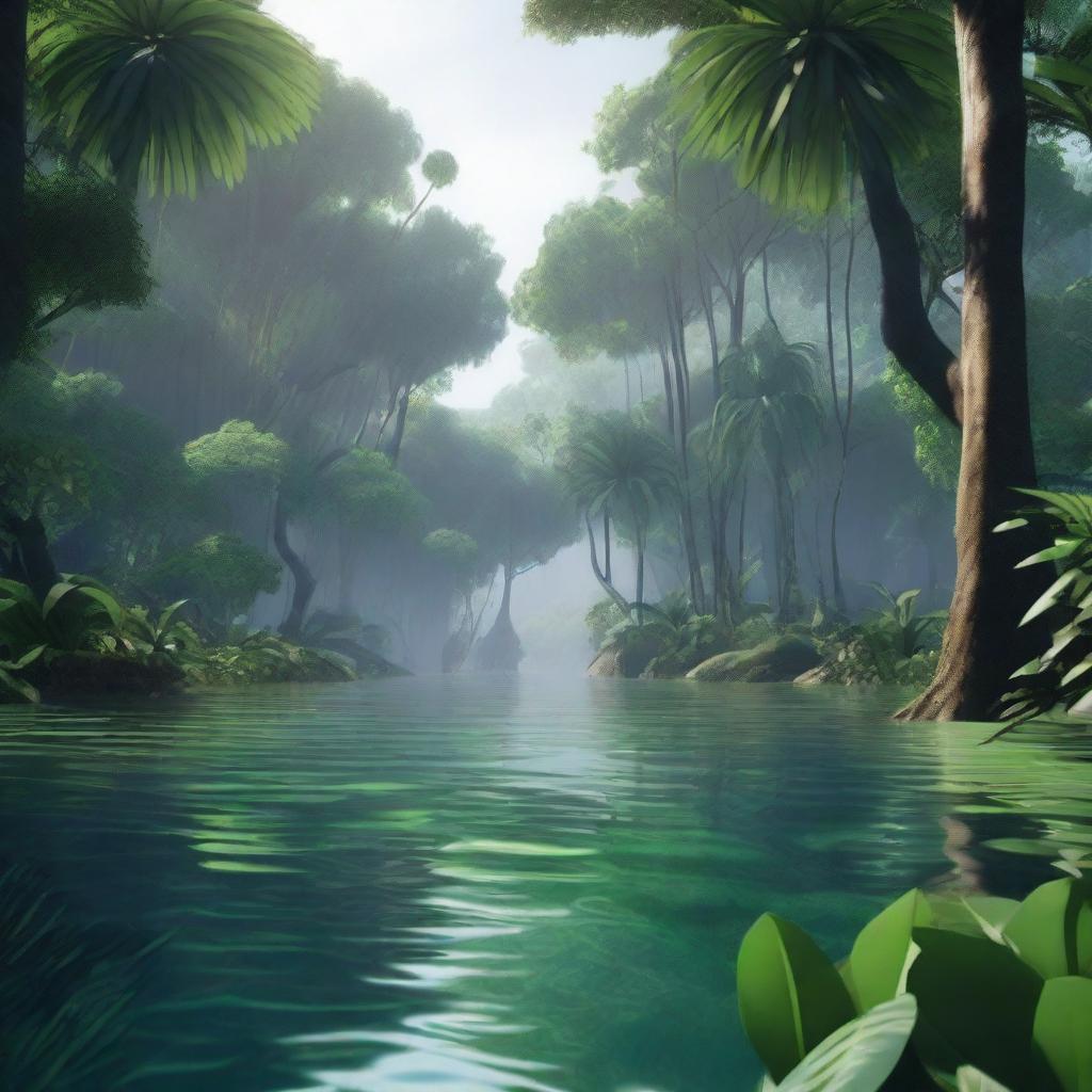 A high-quality, cinematic image of a realistic jungle scene showcasing a serene water body amidst dense foliage and towering trees