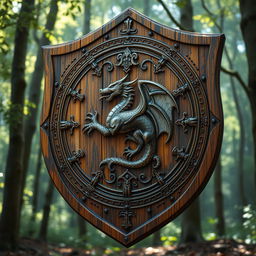 An epic wooden shield, intricately designed, adorned with ancient runes and symbols, featuring a blend of natural wood textures and vibrant colors