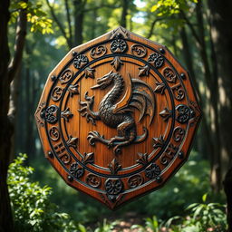 An epic wooden shield, intricately designed, adorned with ancient runes and symbols, featuring a blend of natural wood textures and vibrant colors