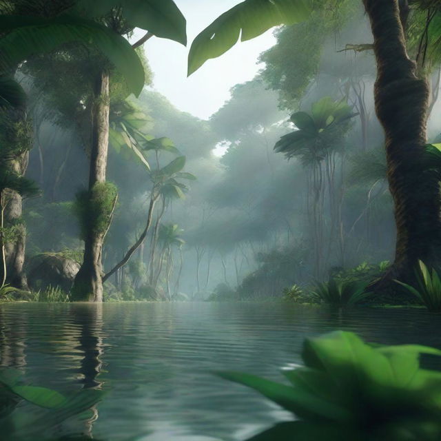 A high-quality, cinematic image of a realistic jungle scene showcasing a serene water body amidst dense foliage and towering trees