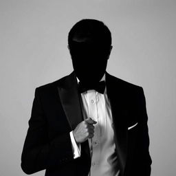 A striking image of a man in a classic tuxedo, with his face obscured or turned away, creating an air of mystery
