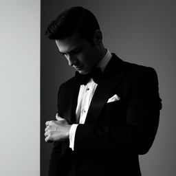 A striking image of a man in a classic tuxedo, with his face obscured or turned away, creating an air of mystery