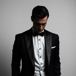 A striking image of a man in a classic tuxedo, with his face obscured or turned away, creating an air of mystery
