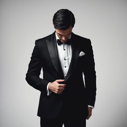 A striking image of a man in a classic tuxedo, with his face obscured or turned away, creating an air of mystery