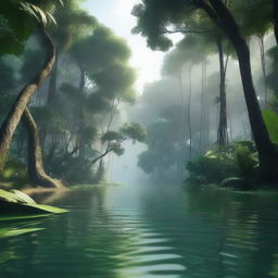 A high-quality, cinematic image of a realistic jungle scene showcasing a serene water body amidst dense foliage and towering trees