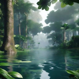 A high-quality, cinematic image of a realistic jungle scene showcasing a serene water body amidst dense foliage and towering trees