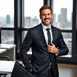 A professional businessman dressed in a tailored suit, looking confident and approachable